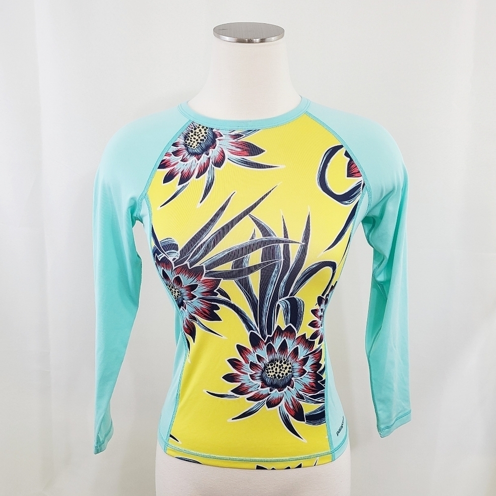 Patagonia silkweight rashguard long sleeve aqua yellow floral girls size medium